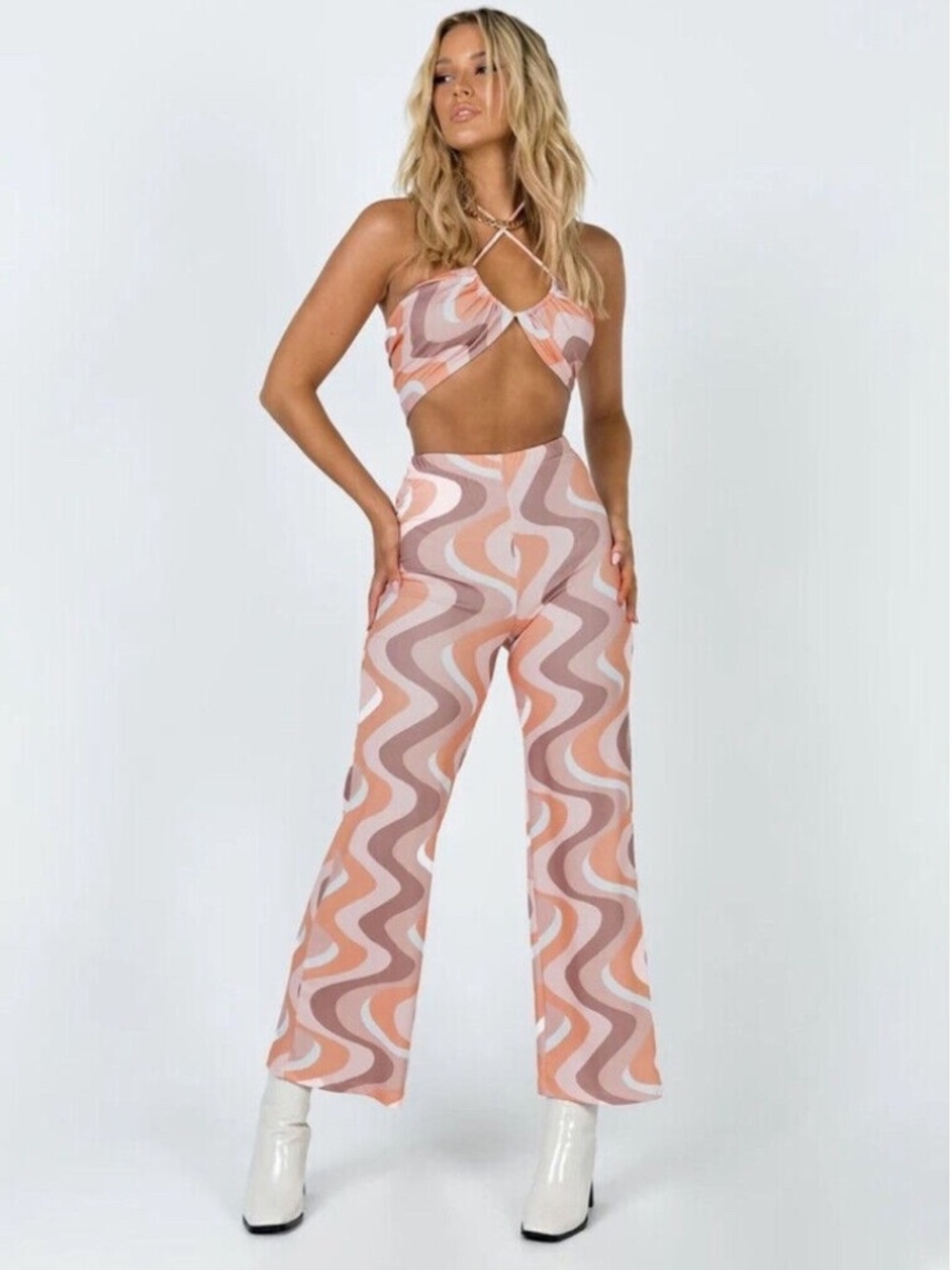 Princess Polly Latiana 70s Wavy Print Stretch Crop Top Wide Leg Pant Set Sz 4
